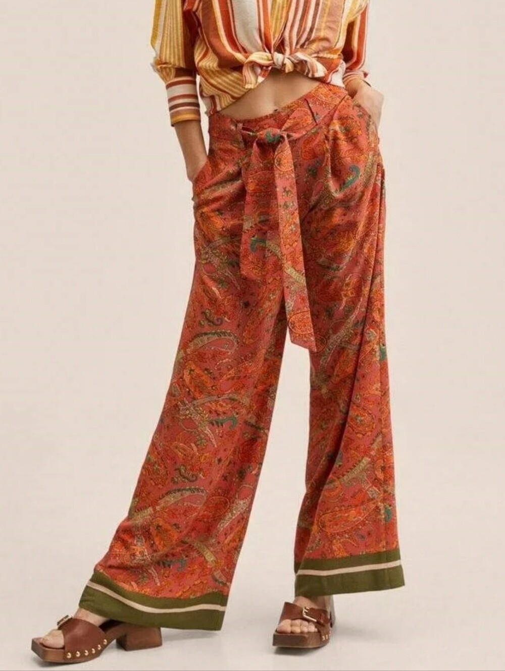 Mango Rust Orange Paisley Wide-Leg Tie-Waist Pants